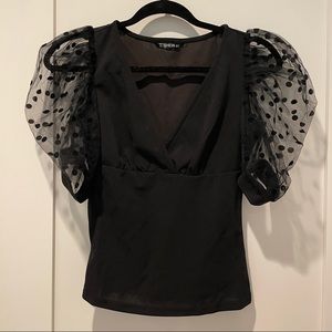 Black Top with Sheer Polka Dot Sleeves